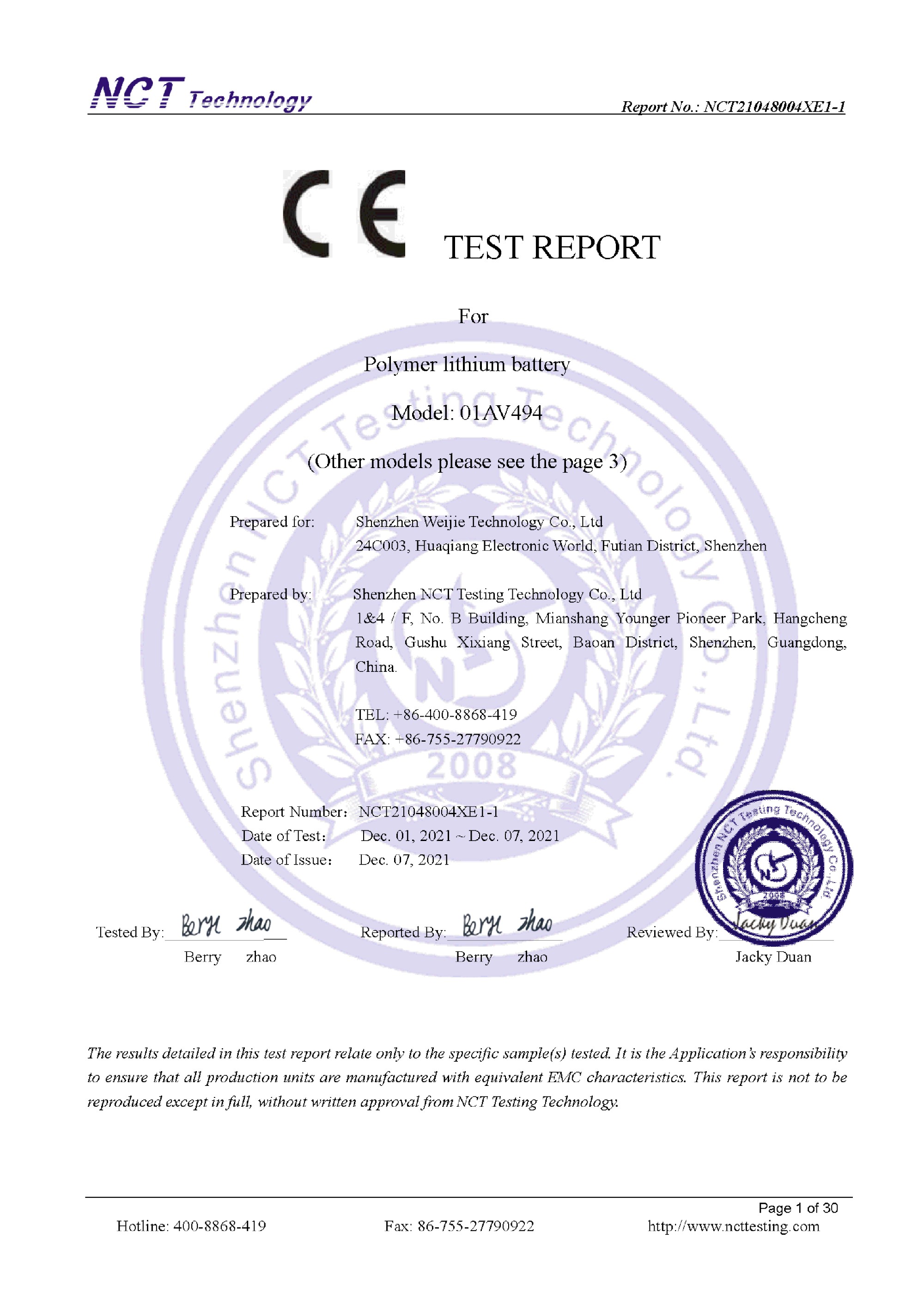NCT21048004X Ƴ 01AV494 CE-EMC TEST REPORT