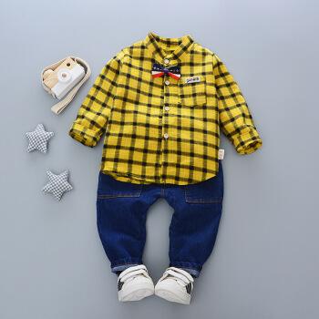 秋套装卡通格子衬衫长裤两件套婴儿服装 小格子衬衫 黄色 80cm【图片
